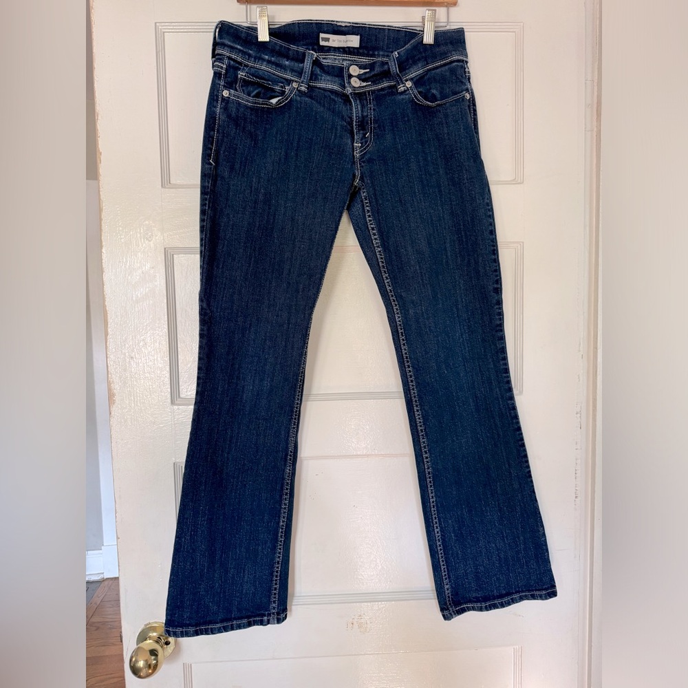 Levi’s 524 too superlow dark denim with white stitching jeans, size 13